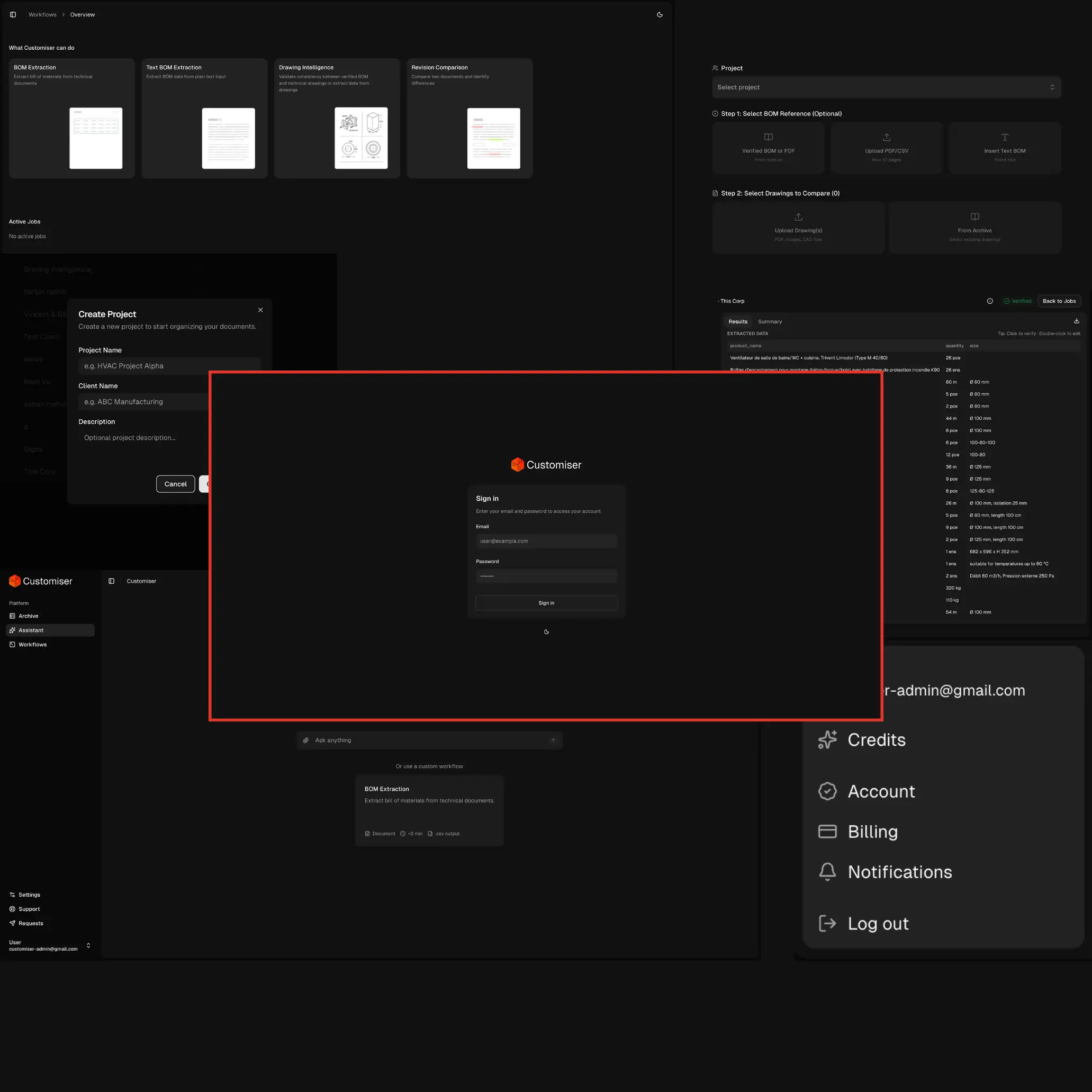 Dark Customiser application screens showing document files, review controls and a sign-in screen.