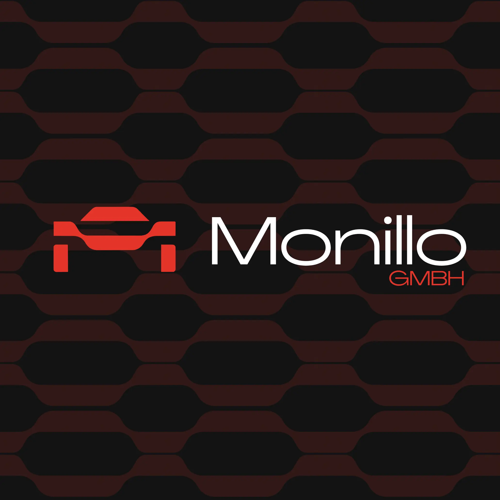 Red Monillo symbol and white wordmark over a repeating geometric pattern.